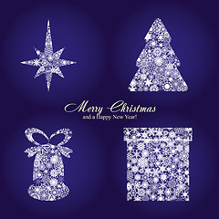 Image showing Christmas card with fir tree, star, gift box and bell made from silver snowflakes