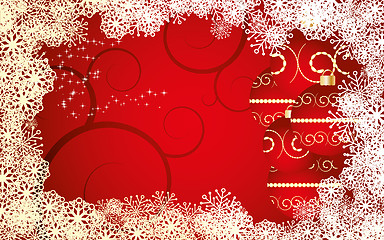 Image showing Red Christmas card with snowflakes, baubles and curls