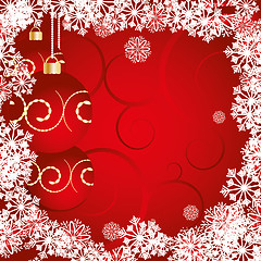 Image showing Red Christmas card decorated with snowflakes, baubles and curls