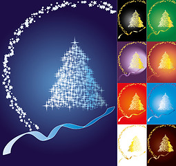 Image showing Set of Christmas greetings card with fir tree made from stars on colored backgrounds