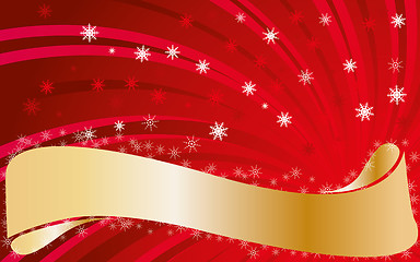 Image showing Red christmas background with snowflakes and golden ribbon for greetings