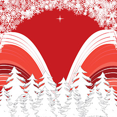 Image showing New Year red background with snowy Forest and snowflakes