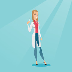 Image showing Doctor holding syringe vector illustration.