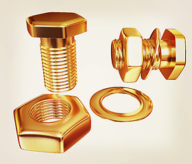 Image showing Gold Bolt with nut. 3d illustration. Vintage style