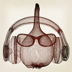 Image showing Head of garlic with sun glass and headphones front \