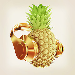 Image showing Fashion gold pineapple with headphones listens to music. 3d illu