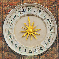 Image showing Clock With Golden Sun on bell tower in Campo Santi Apostoli in V