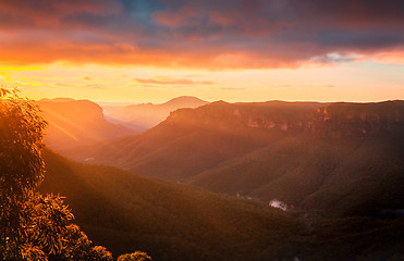 Image showing Sun rays into Grose Valley Blue Mountains just after sunrise