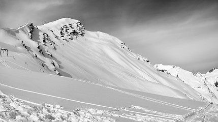 Image showing Black and white panoramic view on off-piste slope