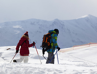 Image showing Father and daughter on ski resort after snowfall