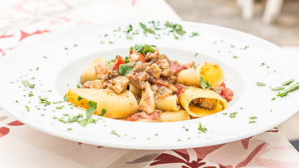 Image showing Italian Paccheri pasta  with Swordfish