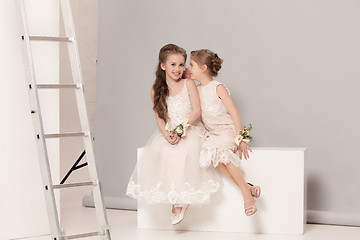 Image showing Little pretty girls with flowers dressed in wedding dresses