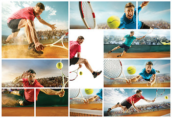 Image showing The one jumping player, caucasian fit man, playing tennis on the earthen court with spectators