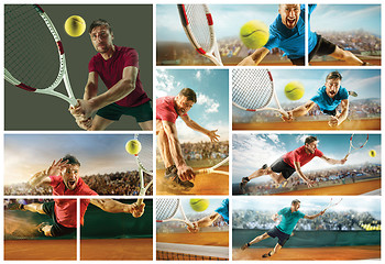 Image showing The one jumping player, caucasian fit man, playing tennis on the earthen court with spectators