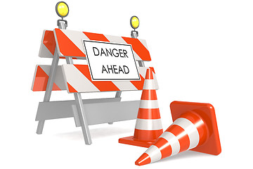 Image showing Danger ahead sign with traffic cones