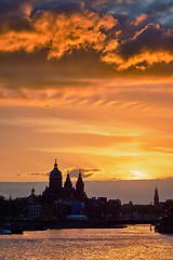 Image showing Amsterdam cityscape skyline with  Church of Saint Nicholas on su