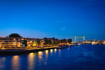 Image showing Rotterdam cityscape with De Hef bridge and Noordereiland at nigh