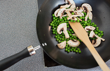 Image showing close up of food in frypan on cooking panel