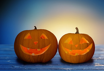 Image showing close up of halloween pumpkins on table