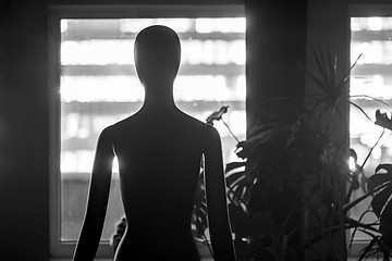 Image showing human female mannequin standing in the dark near the window.