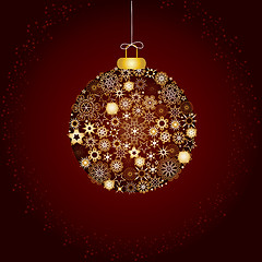 Image showing Christmas greetings card with Christmas ball made with gold snowflakes on brown background