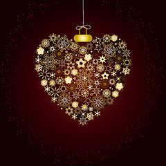 Image showing Valentine Card with golden heart as christmas ball made from snowflakes