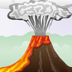 Image showing Fuming volcano with fiery lava and big column of smoke