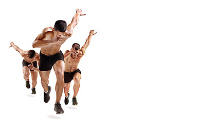 Image showing one caucasian man runner jogger running jogging isolated on white background with shadows