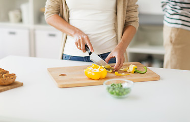 Image showing close up of woman chopping vegetables at home