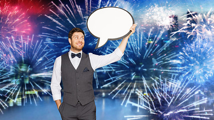Image showing man in suit with blank text bubble over firework