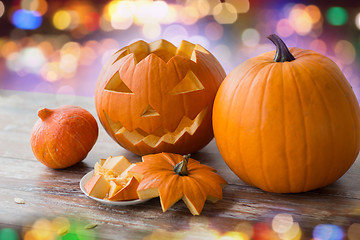 Image showing close up of halloween pumpkins on table