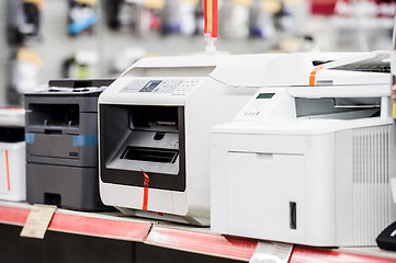 Image showing Fiew laser printers in electronic computer store