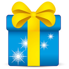 Image showing Blue gift box with snowflakes and yellow ribbon