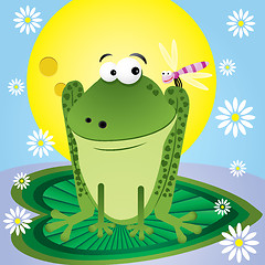 Image showing Fun cartoon frog  with dragonfly and camomile for greetings card