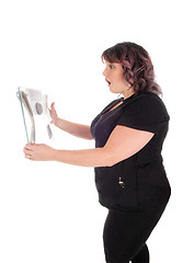 Image showing Woman shocked looking at scale