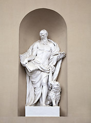 Image showing Statue of st Mark on St. Stanislaus and St Ladislaus cathedral in Vilnius