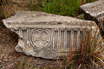 Image showing Marble plate with old christian symbols in ancient city Hierapolis