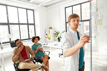 Image showing man drawing scheme for creative team at office