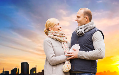 Image showing smiling couple leaves in autumn