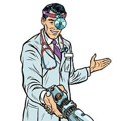 Image showing doctor surgeon handshake. robot prosthesis