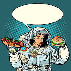 Image showing Pop art. Woman astronaut eats. Cola, hot dog and Burger fast foo