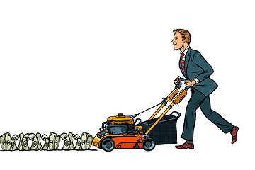 Image showing Businessman cuts money like a lawnmower man. Isolate on white ba