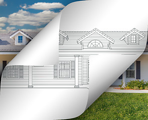 Image showing House Drawing Page Corners Flipping with Photo Behind