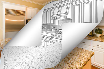 Image showing Kitchen Drawing Page Corners Flipping with Photo Behind