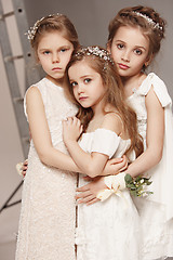 Image showing Little pretty girls with flowers dressed in wedding dresses