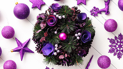 Image showing Christmas Wreath on White Wooden Background