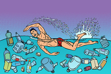 Image showing swimmer at sea. ocean pollution. ecology and plastic waste