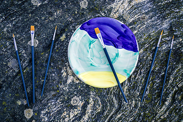 Image showing Painted ceramic plate and paintbrushes on mossy stone background