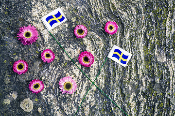 Image showing Swedish flags and pink strawflowers on mossy rock background