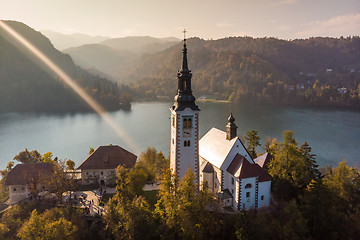 Image showing Aerial view of island of lake Bled, Slovenia.